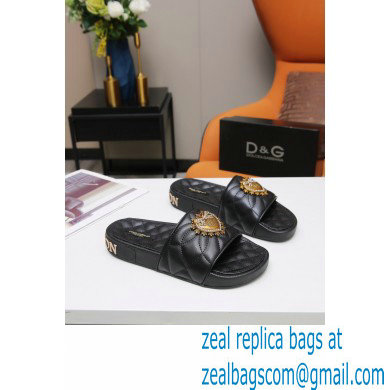 Dolce  &  Gabbana Matelasse Leather Beachwear Sliders Black with Devotion Heart 2021